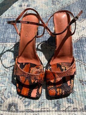 Franco Sarto Orange & Black Snake-Print Ankle Strap Heels